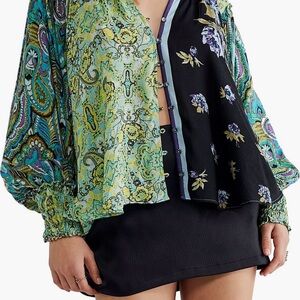 Free People Gemini Green and Black Paisley Floral Blouse